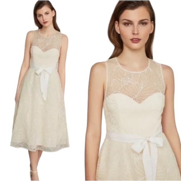 BCBGMAXAZRIA Ivory Cream Metallic Floral Embroidered Midi Dress Women’s US 0 - Picture 1 of 9
